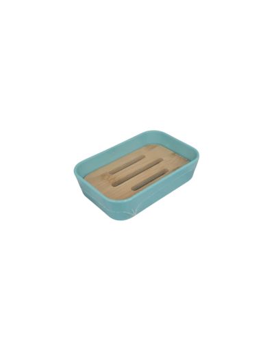 BLUE PLASTIC SOAP DISH WITH WOODEN BOTTOM