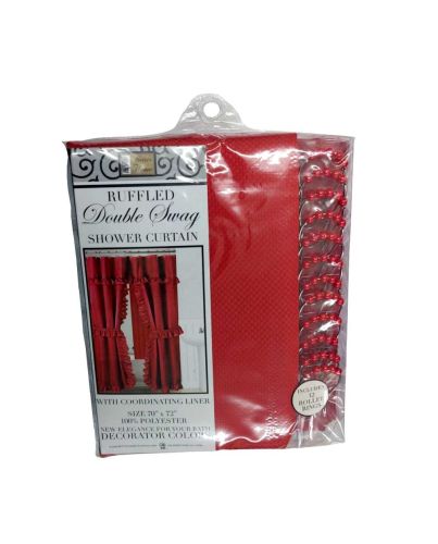 RED RUFFLED SHOWER CURTAIN W/ LINER