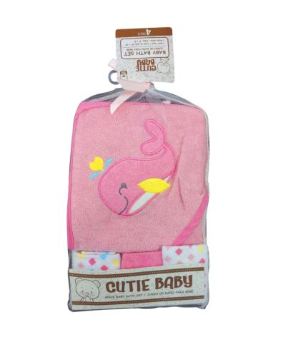 4PK PINK WHALE HOODED TOWEL & WASHCLOTHS