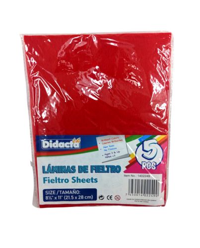 8.5in x 11in BRIGHT RED FELT SHEET PACK OF 5