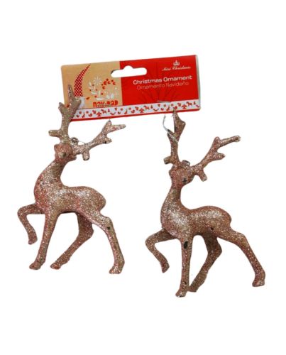 2PC CHAMPAGNE DEER CHRISTMAS HANGING ORNAMENTS