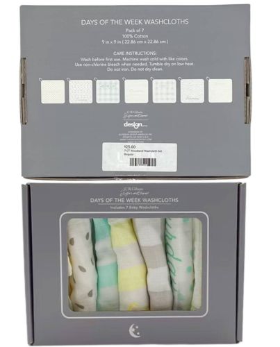 9inX9in BABY WASHCLOTHS DAYS OF THE WEEK 7PC SET