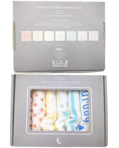 9inX9in BABY WASHCLOTHS DAYS OF THE WEEK 7PC SET